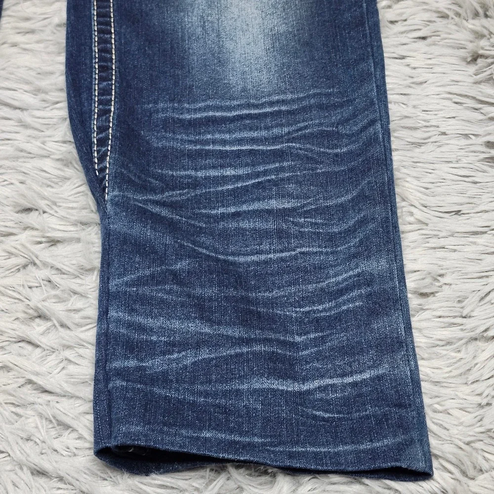 True Luck Mens‎ Jeans 36x29 Hemmed Dark Wash Straight Fit Denim Thick Stitch